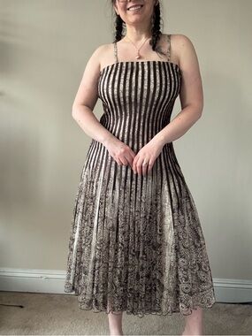 JS Collections Brown and Cream Striped Paisley Midi Dress